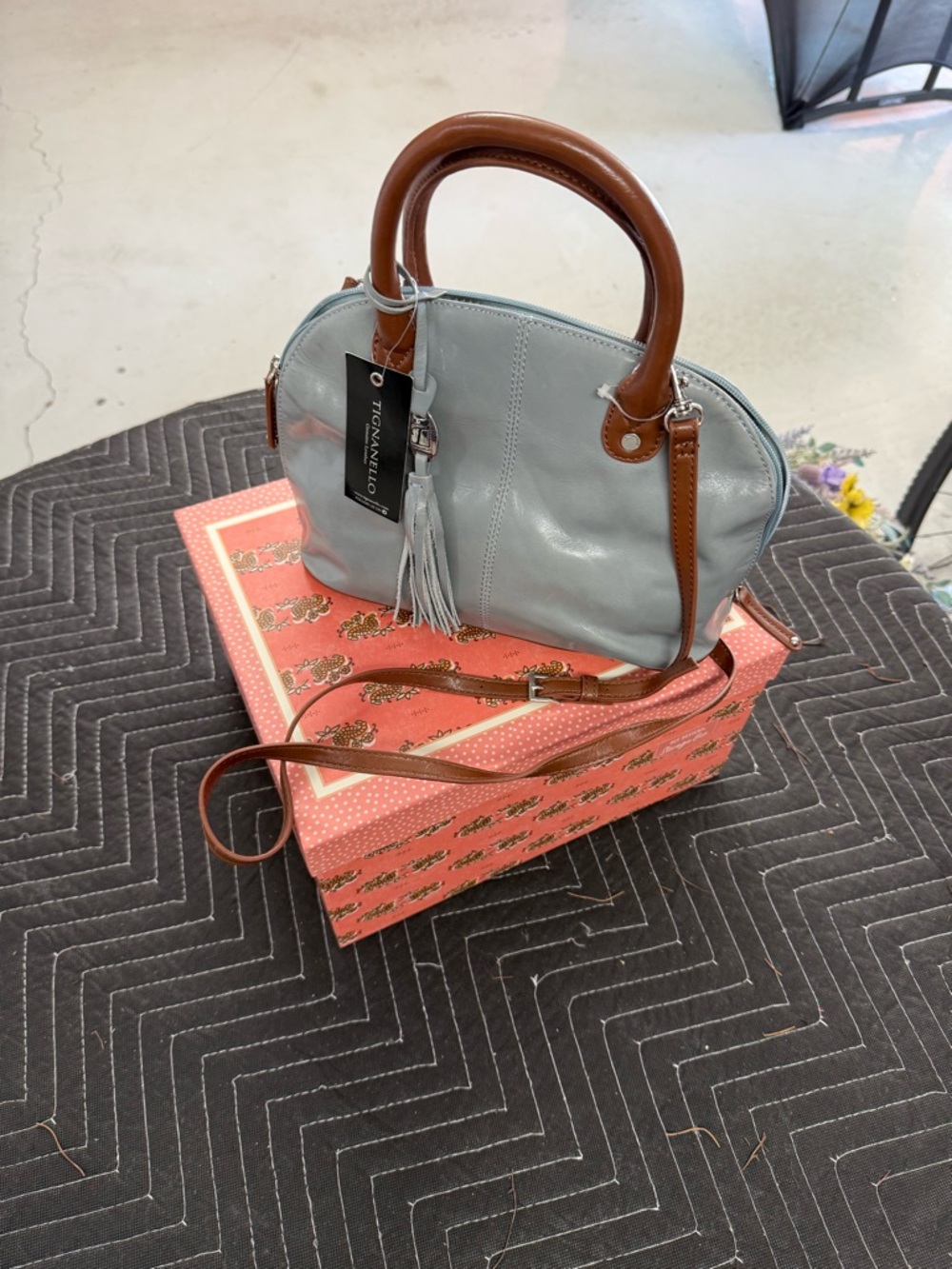 Tignanello Light Blue Leather Crossbody with Brown Trim